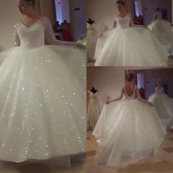 

2020 glitter wedding dresses with long sleeve v-neck puffy skirt sparkly backless princess garden civil sequined bridal gowns, White