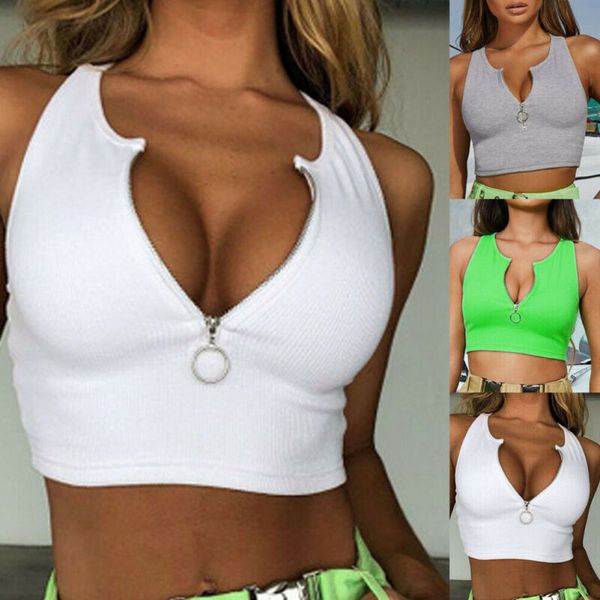 

womens casual tank crop vest blouse sleeveless fit zipper v neck shirt, White;red