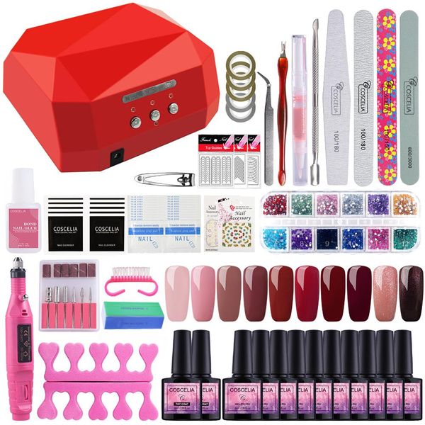 

coscelia 36w lamp 6/10pcs gel nail polish set with nail drill machine tools for manicure set for gel varnish kit pusher