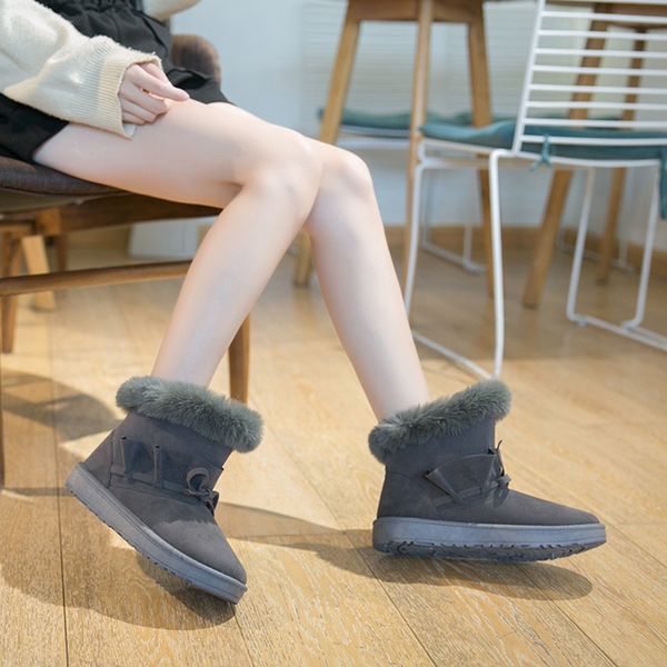 

women's bowknot short snow boots ladies fashion solid winter warm casual shoes with plush inside botas mujer british style, Black