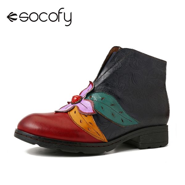 

socofy retro hand make leaf boots flower genuine leather splicing soft flat boots elegant shoes women shoes botas mujer 2019, Black
