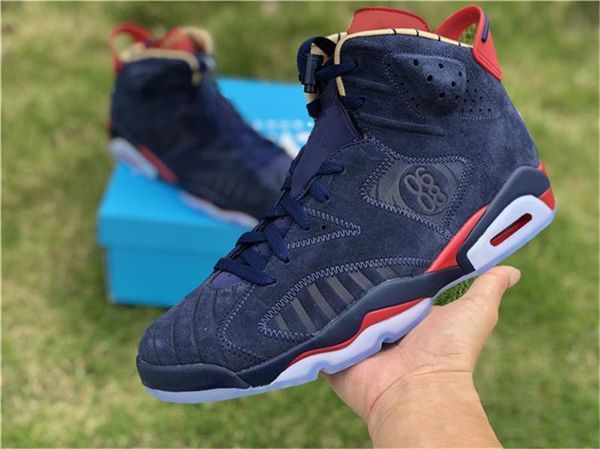 

2020 выпуск 6 дб doernbecher мужчины баскетбол обувь полночь синий белый varsity красный metallic gold 392789-401 аутентичные спортивные туф