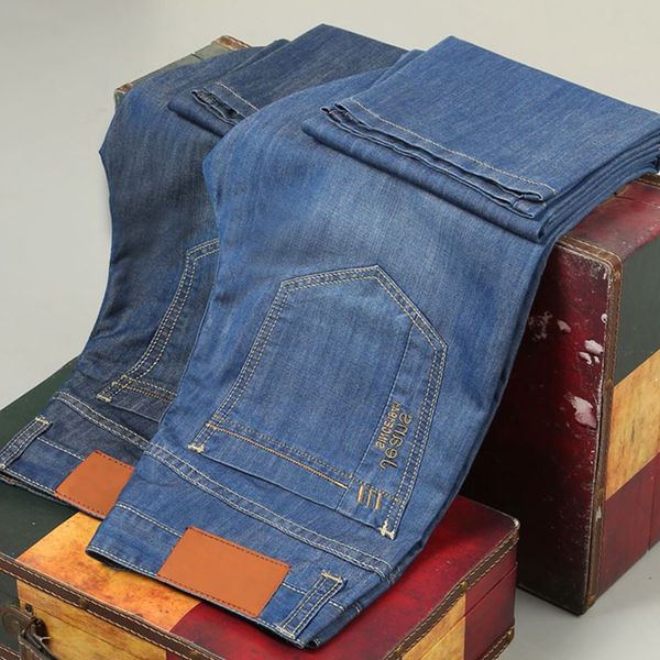 

men fashion casual straight denim trousers all seasons washed soft jeans, Blue
