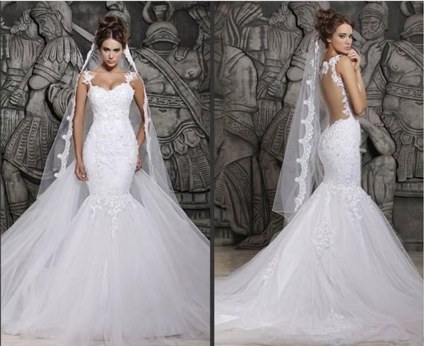 2019 New Barato Berta Sexy Sheer Voltar Sereia Vestidos de Casamento Cintas de Espaguete Lace Appliqued Vestido De Noiva Arábia Saudita Vestidos FH1