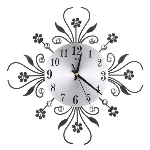 

european wrought iron 3d wall clock diamond flower fashion golden/silver wall clock living room bedroom silent metal