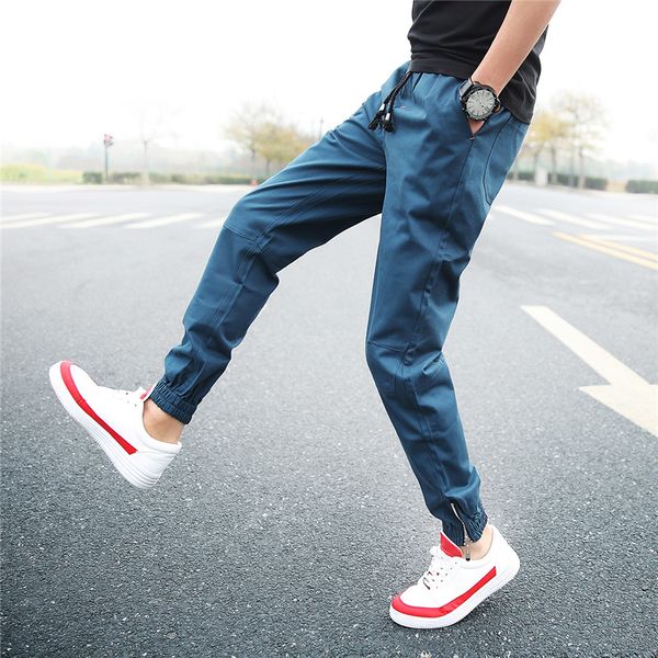 

new men's casual sports trousers, stylish slim elastic band harem pants, personalized zipper decoration large size nine pants, Black