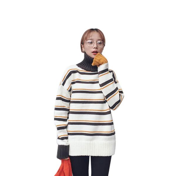

autumn winter women kint sweaters korean long sleeve turtleneck pullovers female loose striped knitted jumpers sweater, White;black