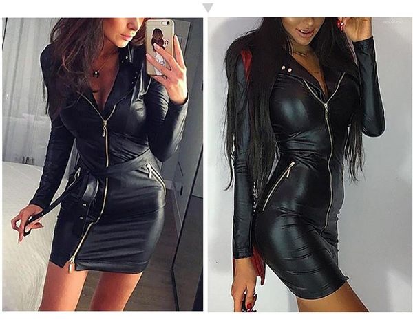 

dresses with sashes club slim solid color button long sleeved lapel neck bodycon dresses fashion women dresses pu zipper womens, Black;gray