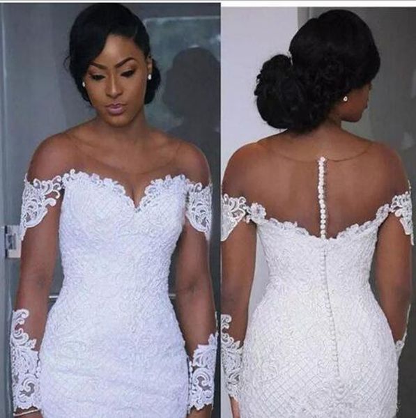 2019 African Nigeria Luxury Mermaid Sheer Neck Wedding Dress With