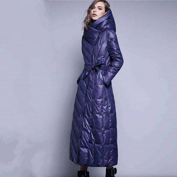 

fashion slim fit oversize 7xl brand women down jacket hooded sashes bow solid long down coat female hat plus size outerwear new, Black