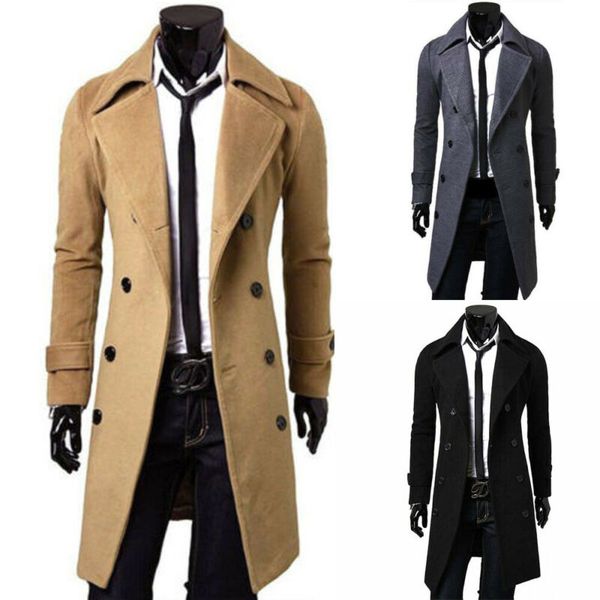 

men's trench coat warm autumn winter keep breasted slim overcoat quality thicken jacket woolen peacoat long overcoat, Tan;black