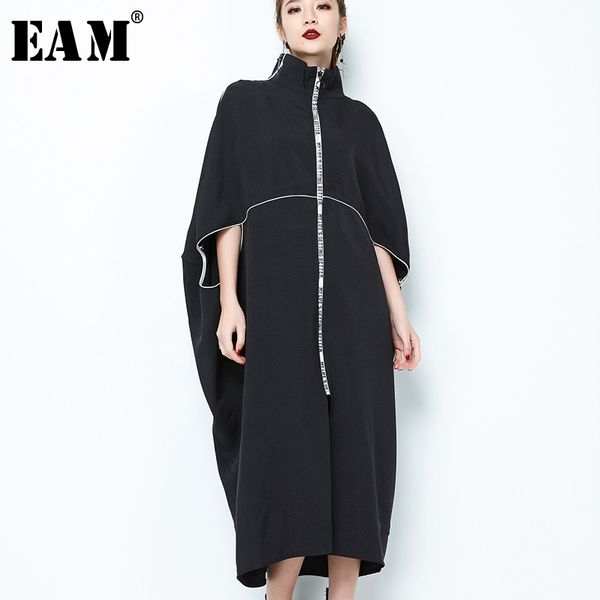 

eam] 2020 новая весна стенд ошейник с длинным рукавом черная молния письмо нерегулярное большой размер твердая платье женщины мода tide je6, Black;pink