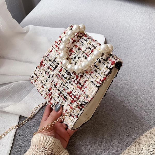 

retro plaid pearl cross body bag for women fashion chain wool woven plaid flap small shoulder bag luxury handbag casual bags #15