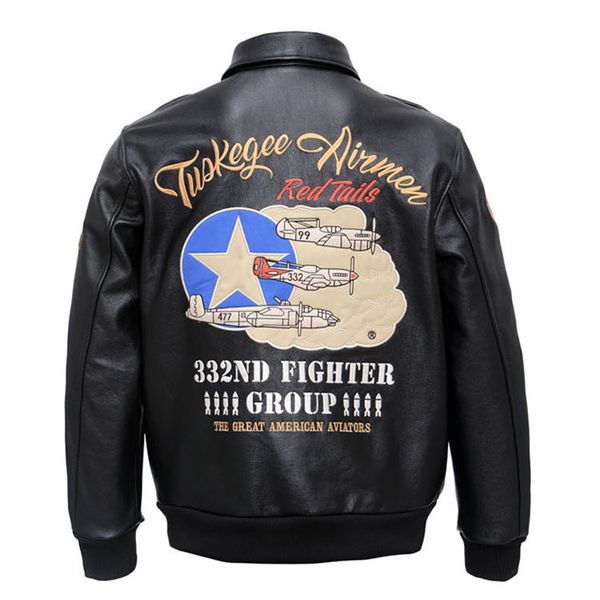

men's leather & faux a2 flight amerian embroidery pattern patches genuine jacket pilot cow coat for men, Black