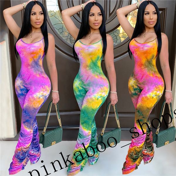 

new arrival summer tie-dye women jumpsuit vest ruffled overalls leggings fashion ladies slim siamese trousers one-piece pants ly615, White