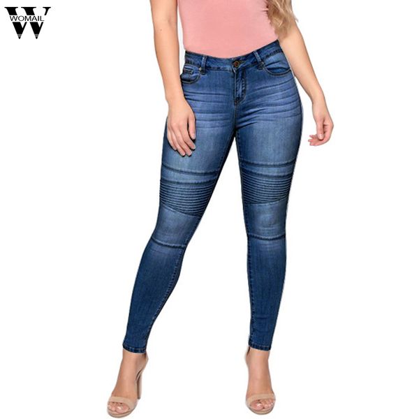 

womail 2019 women casual jeans skinny elastic full length zipper high waist trousers casual fashion ladies pencil jeans, Blue