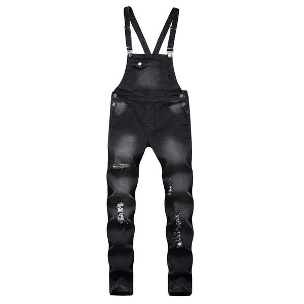 

kimsere men fashion hi street ripped jeans overalls with holes streetwear distressed denim jumpsuits for male suspender pants, Blue