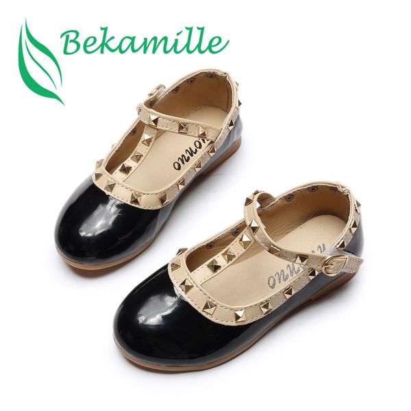 

bekamille children princess flat sneakers autumn girls baby rivets single shoes kids leather shoes girls dance size 21-36, Black;red