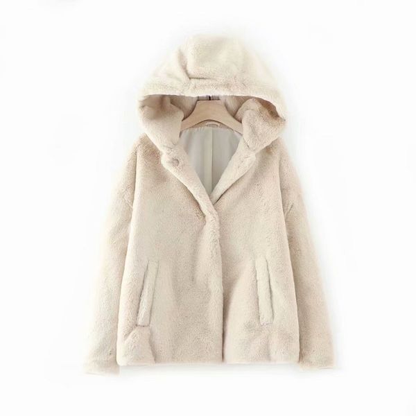 

white faux fur fashion hooded jacket women thick warm coat single breasted loose casual veste capuche femme ladies outerwear, Black;brown