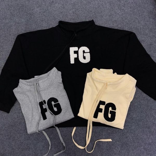 

fear of god 6th fg letter logo high collar drawstring beige sweatshirt men's and women's long sleeve s-xl, Black