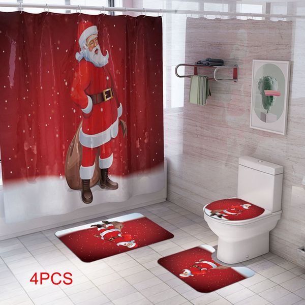 Xmas Print Bathroom Decorations Set Toilet Seat Cover Bathtub Rug