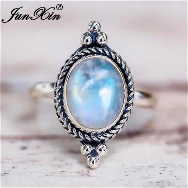 

junxin boho female oval moonstone rings for women antique 925 silver filled rainbow opal stone ring stacking european jewelry, Slivery;golden