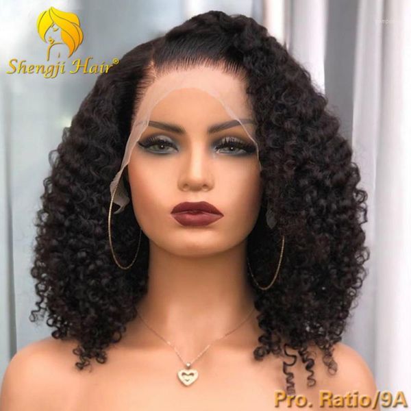 

new pre plucked 360 lace frontal wig with baby hair 4.5" 180% density brazilian curly glueless human hair wigs shengji remy wig1, Black;brown