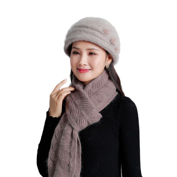 

2019 new autumn mother hat for women solid color fur knitted ladies hats thick scarf beret female beanies headwear cap, Blue;gray