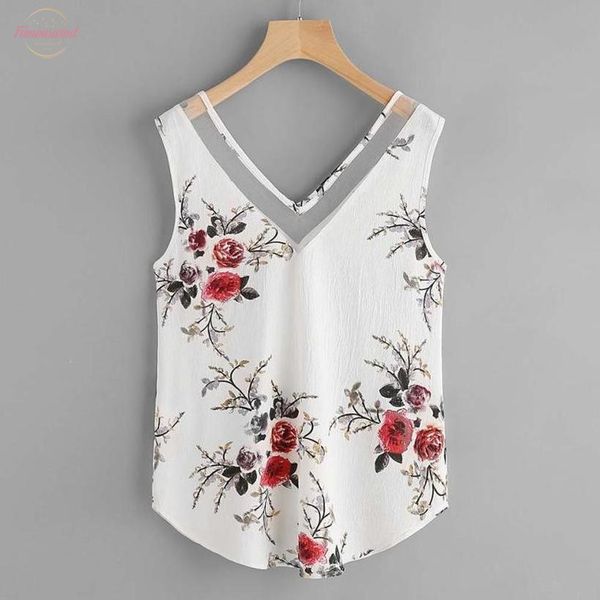 

women 2020 women blouses summer casual floral casual sleeveless v neck ladies sleeveless summer blouse blusa jeans feminino, White