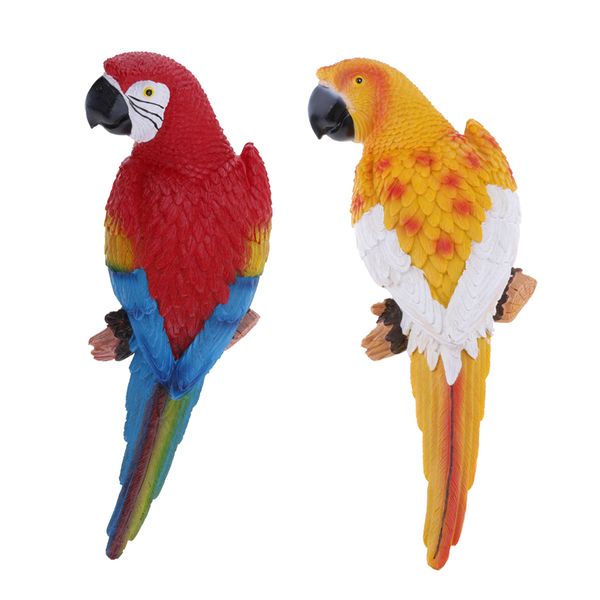 

2 pieces realistic parrot resin bird animal ornament hanging 31cm red yellow
