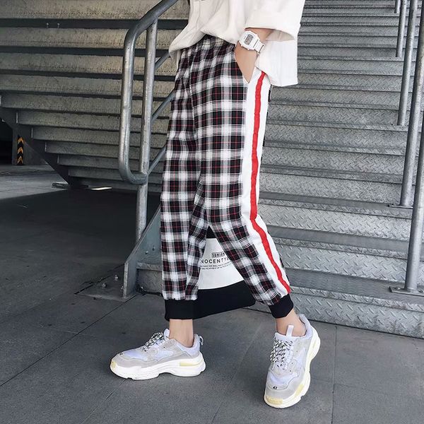 

новая мода мужские шаровары шотландский плед боковые полосы трек joggers брюки прямые мужские hip hop hit color block лоскутная streetwear m, Black