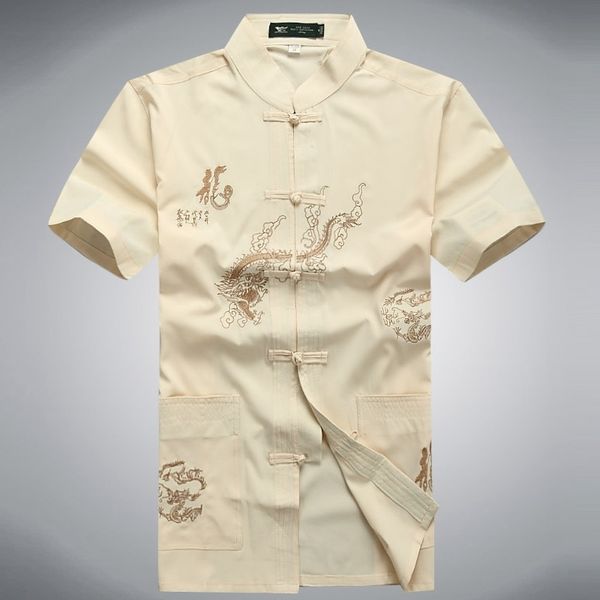 

sheng coco chinese shirt men dragon pattern short sleeve male traditional chinese shirt white tangzhuang wushu clothing man 3xl, Red