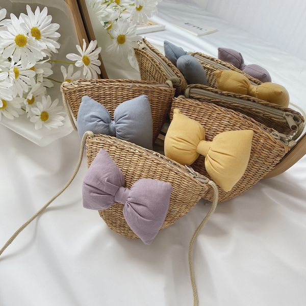 

korean 2020 summer kids mini straw bag bow crossbody bags for girls lolita rattan purse and handbag beach bag gift, White