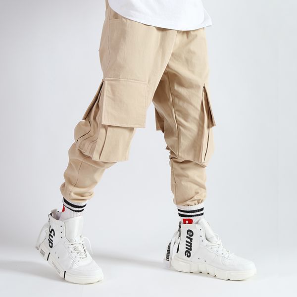 

men elastic waist loose casual multi-pocket cargo pants male streetwear hip hop japan harem trousers joggers sweatpants, Black