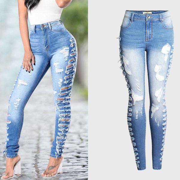 

new ultra stretchy blue tassel hole ripped jeans woman denim pants trousers for women's skinny pencil jeans