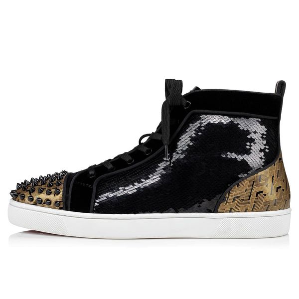 

2020 shoes new luxe gold glitter red bottom shoes designs high sequins sneakers men spikes toe genuine leather flats party wedding, Black