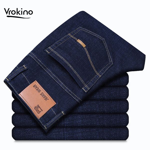 

vrokino brand 2019 men's trousers jeans business leisure slim fit elastic force straight jeans male blue black trousers 42 44