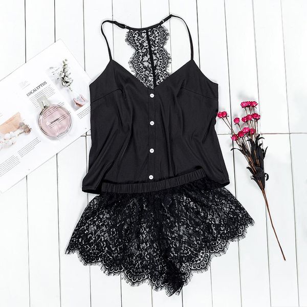 

new black pajama set women satin sleepwear spaghetti strap camis floral lace shorts lingerie pijama femme, Black;red