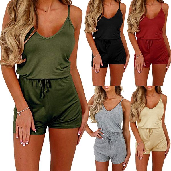 

Summer Solid Color Playsuit combinaison femme Women Sleeveless Waist Drawstring Short Playsuit Rompers Jumpsuit overalls #C