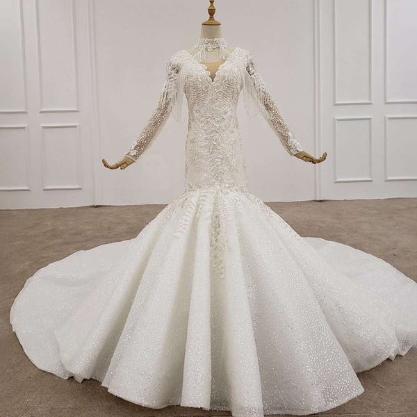 

2020 elegant white mermaid wedding dress v-neck long sleeve sequin beading tassel appliques lace wedding gown bride dress vestido de noiva