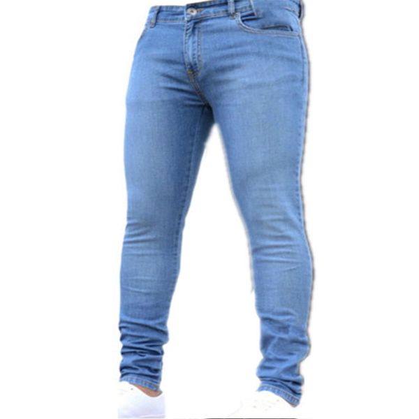 

new mens pencil pants 2019 fashion men casual slim fit straight stretch feet skinny zipper jeans for male sell trousers, Blue