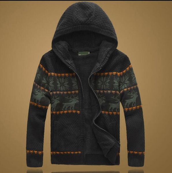 

new fashion casual men's winter plus velvet thick hooded jacquard loose knitted cardigan sweater coat men clothes, White;black