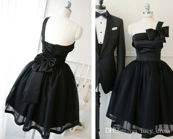 Elegante preto um ombro-lace-up com arco completo vestidos de dama de honra curtos / vestidos de festa de casamento