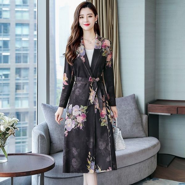 

women long coat 2020 new fashion lapel collar printing long sleeve windbreaker chic belt outerwear female plus size, Tan;black