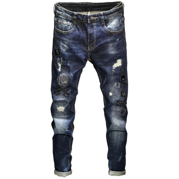 

mens jeans ripped jeans for men denim trousers male hole denim trousers male straight washed cotton asian size, Blue