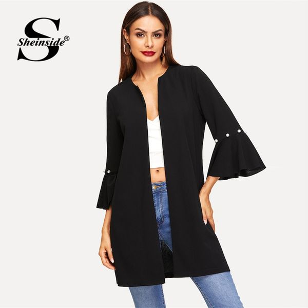 

sheinside black pearls beaded flounce sleeve open stitch coat women spring casual minimalist solid longline coats and jackets, Black;brown