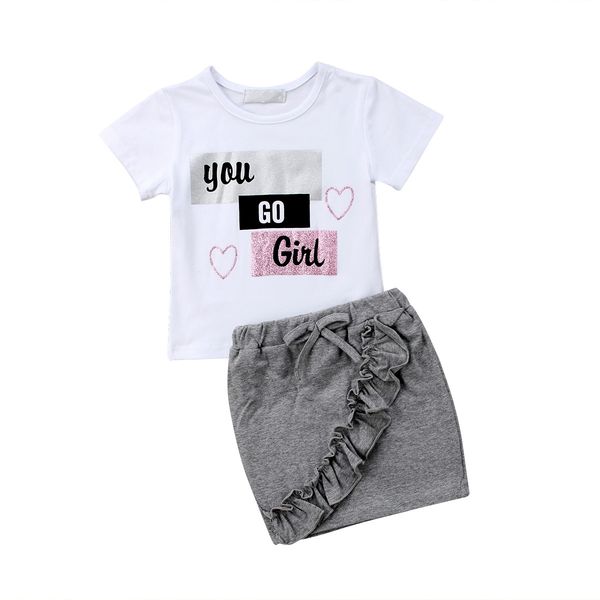 

pudcoco baby kids girls dress summer short sleeves t-shirt ruffles skirts dress you go girl floral casual baby clothes set, White