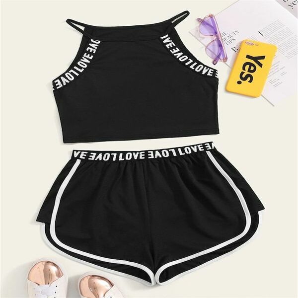 

summer women sleeveless set workout running fitness letter gym sports stretchy loose suit sling t-shirt+shorts outfit s m, Black;blue