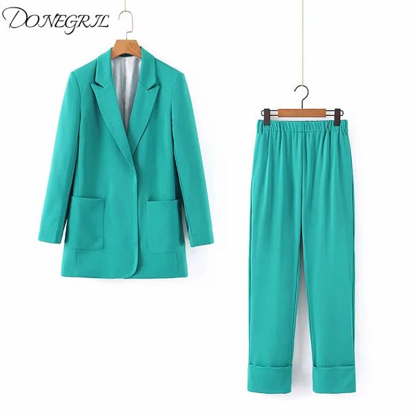 

2020 autumn two piece suit set lady formal blazer jacket women straight pant suits green office sets, White