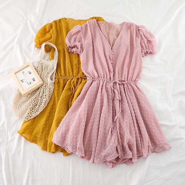 

women v neck polka dot chiffon wide leg short rompers short sleeves korean beach overalls loose casual summer wide leg playsuits, Black;white